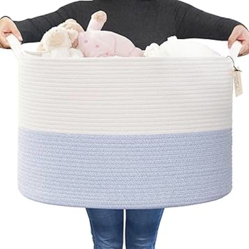 COMFY-HOMI XXXL Large Laundry Basket, Cotton Rope Nursery Woven Basket for Storage, Blanket Baskets Living Room Laundry Hamper, Dog Toy Storage Organizer, Home Decor-21''x21''x13.6''-White/Blue