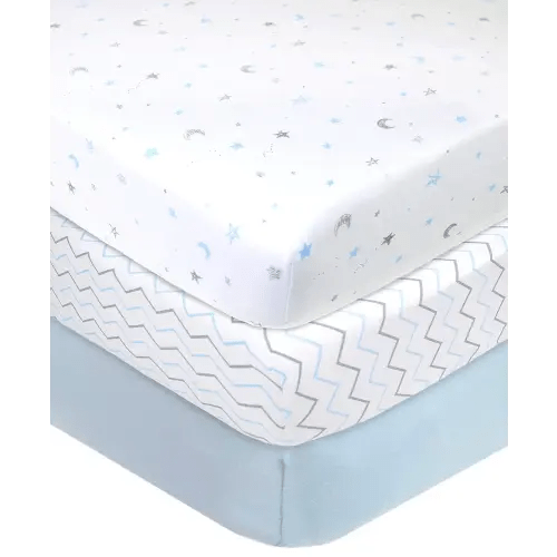 American Baby Company 3 Pack 100% Natural Cotton Fitted Crib Sheets 52" x 28" - Soft, Breathable, Hypoallergenic & Gentle Toddler Bed Sheets, Blue Star/Zigzag, Neutral for Boys & Girls