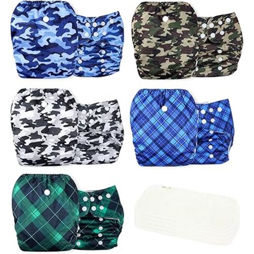 wegreeco Cloth Diapers 5 Pack with 5 Inserts, Washable Cloth Diapers for Babies, One Size Adjustable Reusable Diapers Baby (Camo & Plaid)