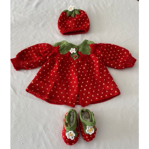 Strawberry baby sweater, booties, and hat