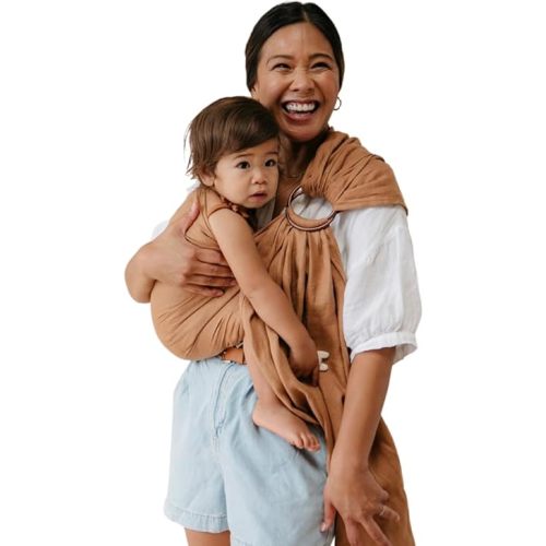 WildBird - Ring Sling Baby Carrier - Newborn to Up to 35 lbs - for Moms, Dads & Caregivers - 100% Natural European Linen Fibers - Versatile & Adjustable - 90” Size - Willow Fabric & Bronze Ring