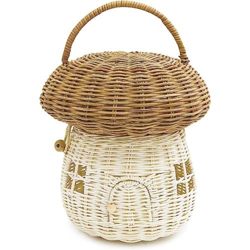 KOLWOVEN Mushroom Rattan Storage Basket with Lid - Mouse in a Box House- Small Doll house- Decorative Hand Woven Shelf Organizer Cute Handmade Handcrafted Gift Decoration Artwork Wicker (Natural)