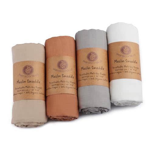 Meracorallo Muslin Swaddle Blanket Silky Soft Receiving Blanket Neutral Swaddle Wrap for Baby Boys and Girls, 47 x 47 inches, Set of 4 Solid Color