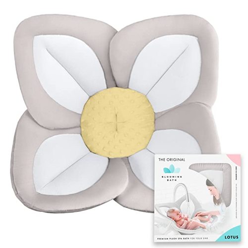 Blooming Bath Baby Bath Seat - Lotus Flower Bathtub Mat - Baby Bath Tub Sink Bath Support Cushion - Baby Tubs for Newborn Infants to Toddler 0 to 6 Months and Up - Baby Bath Essentials (Gray/Yellow) - 4 Petal - Gray/White/Yellow
