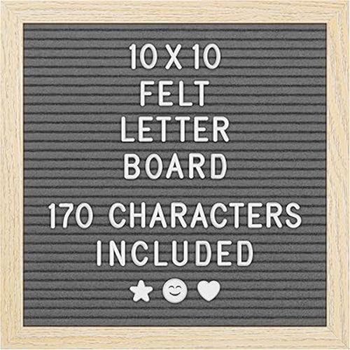 Felt Letter Board - 10x10”, Gray - 170 Letters, Numbers & Emojis for Celebrations & Announcements - Customizable Message Letterboard w/Wooden Frame for Home Decor & Office Use - by Yes4Quality