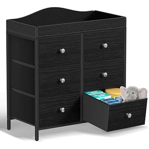 BOLUO Black Changing Table Dresser with 6 Fabric Drawers, Baby Dresser with Changing Table Top Diaper Changing Station with Storage for Nursery Modern