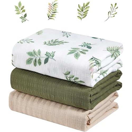 100% Cotton Muslin Swaddle Blankets, 3-Pack 47x47 Inches – Soft Baby Receiving Blankets for Newborns, Breathable Natural Cotton for Sensitive Skin (Leafy Green Nature)