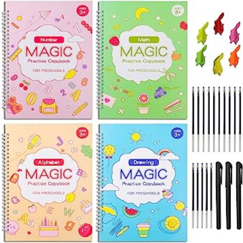 YAMMI Montessori Reusable Large Handwriting Practice for Kids, 4 Pack Groovd Writing Books, Learning Handwriting Tools Kit, Magic Copybook for Age 3-8 with Pen Refills (10.3in×7.3in)