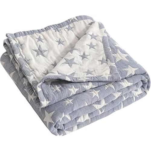 NTBAY 3 Layer Oversized Muslin Cotton Toddler Blanket, 45x60 Inches Jacquard Reversible Nursery Bed Blanket, Super Soft and Thermal Crib Blanket for All Seasons, Baby Gift, 45"x60", Blue/White Star