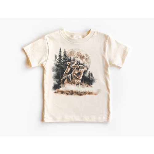 Retro Wolves Howling At The Moon Kids Shirt - 90s Wolf Foggy Forest Wilderness Outfit - Natural Boho Adult, Toddler & Youth Tee