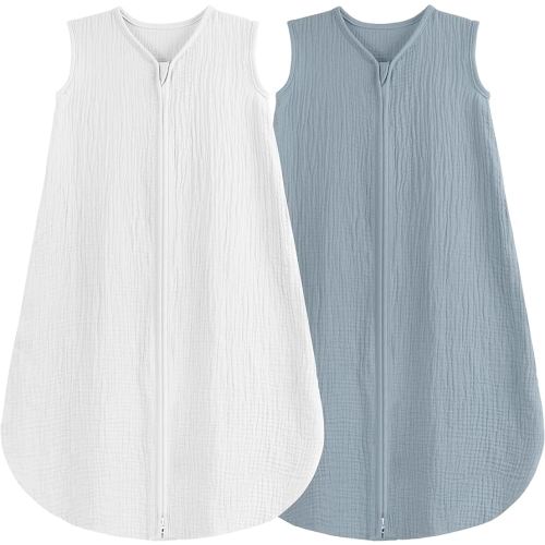 2 Pack Baby Sleep Sack 6-12 Months 100% Organic Cotton Muslin Baby Sleeping Bag 2-Way Zipper Toddler Wearable Blankets Comfy Stretchy Thin Sleep Sacks