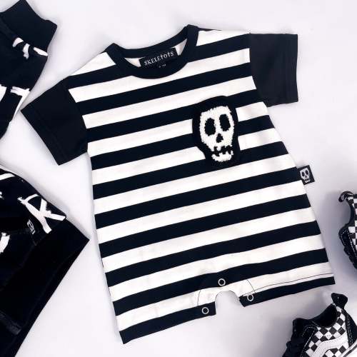 STRIPE SKELLY SKULL PATCH SHORTIE ROMPER