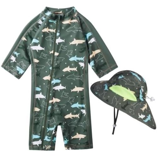 Toddler Baby Boys Swimsuit Rashguard One Piece Zipper Bathing Suit with Sun Hat Infant Swimwear Sunsuit UPF 50+