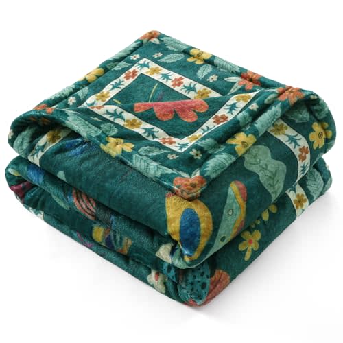 Lahome Botanical Insect Blanket for Bed, Thick Plush Blankets for Couch Chair, Boho Throws for Sofa Palyroom Gift, Dark Green 50''x60''