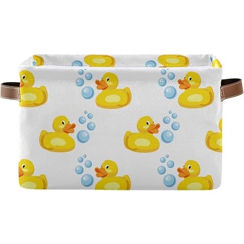 Rectangular Storage Basket Storage Bin - Yellow Rubber Ducks Collapsible Storage Box with Leather Handles Canvas Nursery Boxes Organizer for Shelves/Gift Baskets/Toy Organizer/Baby Room Decor