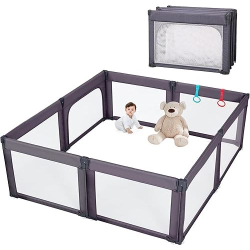 Foldable Playpen for Babies and Toddlers,Shape & Size Adjustable Large Baby Playpen 71x79 inch,Safe and Stable Playpen with Zipper Doors,Outdoors and Indoors, Dark Grey