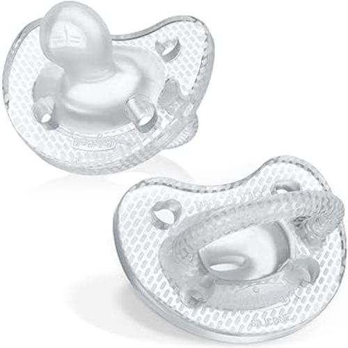 Chicco PhysioForma Luxe Orthodontic Pacifier, 6-16m | 100% Soft Silicone | Supports Breathing & Oral Development | Textured Shield & Handle | Includes Sterilizing Case | BPA Free | Crystal, 2pk