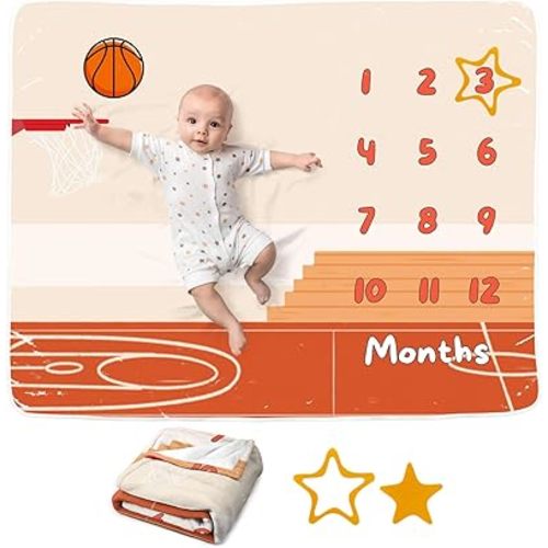 Basketball Baby Monthly Blanket for Boys, Sport Newborn Month Blanket, Soft Flannel Photography Background Prop Blanket, Personalized Shower Gift, Basketball