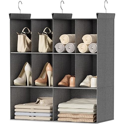 Ofiray-home 3 Tier Hanging Closet Organizer, 10 Compartments Sweater Organizer for Closet with 3 Sturdy Hooks, Closet Organizers and Storage, Wardrobe, Rv, Garment Rack, Grey