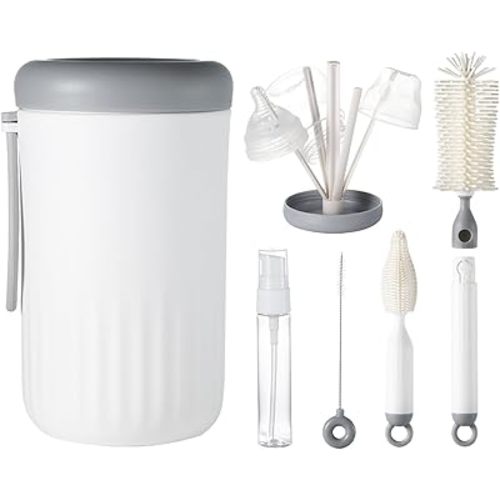 Travel Bottle Cleaner Kit, 6-in-1 Baby Bottle Brush with Silicone Bottle Brush, Nipple Brush, Straw Brush, Drying Rack, Dispenser, Organizer, Baby Travel Essential, Gifts for New Mom - Grey