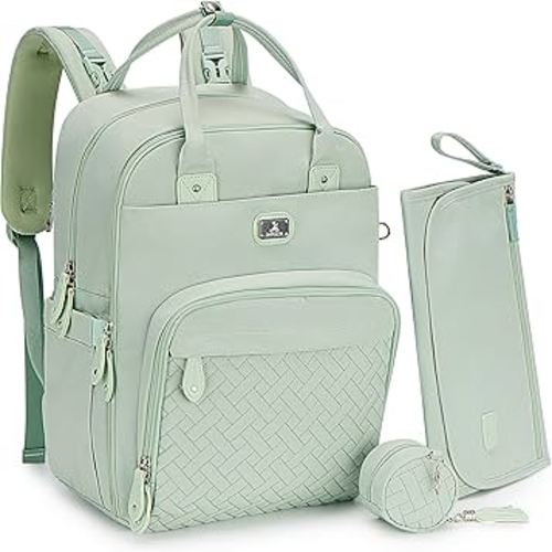 Dikaslon Diaper Bag Backpack with Portable Changing Pad, Pacifier Case and Stroller Straps, Large Unisex Baby Bags for Boys Girls, Multipurpose Travel Back Pack for Moms Dads, Mint Green