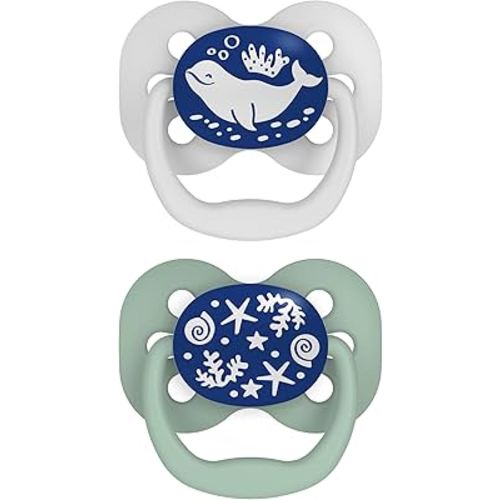 Dr. Brown's Advantage Glow-in-the-Dark Baby Pacifier, Fully Symmetrical Soother with Soft Silicone Bulb, 0-6m, BPA Free, Blue Ocean, 2 Pack (Style May Vary)