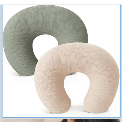 Konssy Muslin Nursing Pillow Covers, Soft and Cute Nursing Covers for Breastfeeding Pillows, Ideal for Newborn Baby Boys and Girls (Fog Green, Cream) - 2 Pack