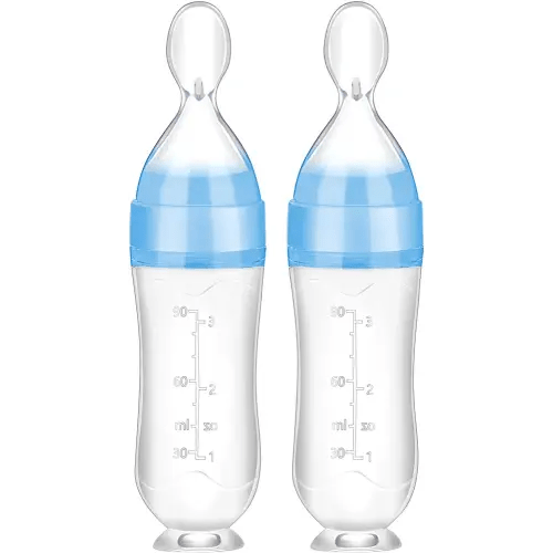 Nuanchu Baby Food Feeder Silicone Squeeze Feeding Spoon Toddler Food Feeder Dispensing Spoon Suction Cup Design Feeder (Blue)