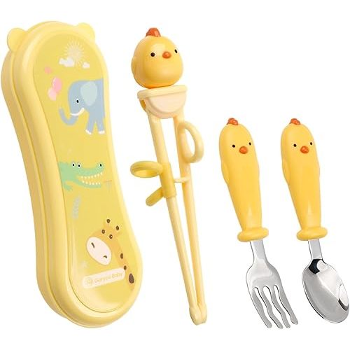 GORYEO BABY Toddler Utensils Stainless Steel Kids Silverware Set with Kids Spoons and Forks Set and Kids Chopsticks for Self Feeding Learning with Portable Case