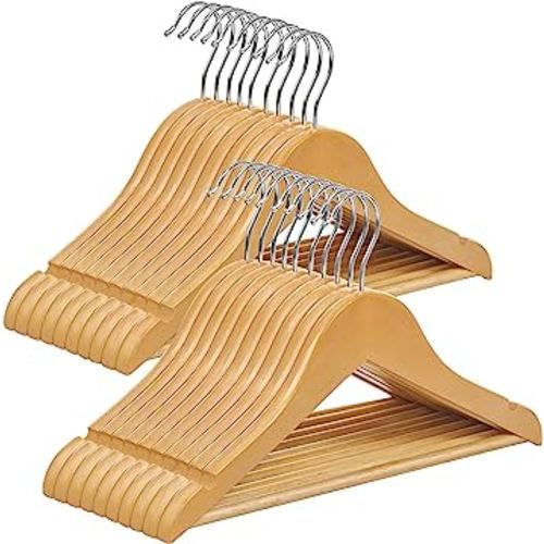 SONGMICS Kids Wooden Hangers 20 Pack, Solid Wood Baby Hangers, Children's Coat Hangers with Pants Bar, Shoulder Notches, Swivel Hooks, 12.6 x 7.5 Inches, Natural and Silver UCRW06NL