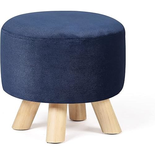 Asense Small Round Ottoman Foot Rest Stool Corduroy Fabric Padded Seat Footstool Ottoman with Anti-Slip Wooden Legs (Navy Blue,Corduroy)