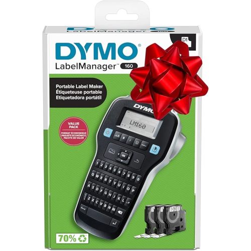 DYMO LabelManager 160 Portable Label Maker Bundle, Easy-to-Use, One-Touch Smart Keys, QWERTY Keyboard, Large Display, For Home & Office Organization, Includes 3 D1 label cassettes