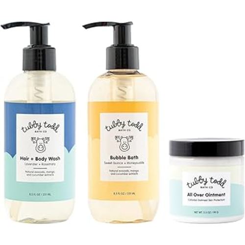TUBBY TODD Essentials Baby Bath Gift Set – 8.5oz Hair+Body Wash, 8.5oz Bubble Bath & 3.5oz All Over Ointment