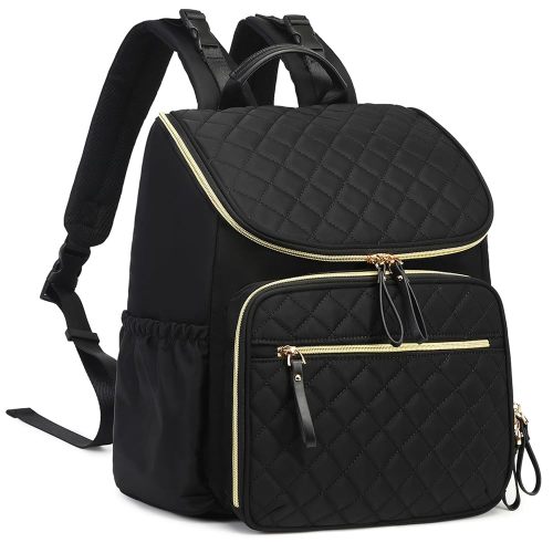 Large Capacity Diaper Bag with Stroller Buckle, Water-Resistant Travel Backpack with Insulated Pockets (Nylon, Black-Gold)