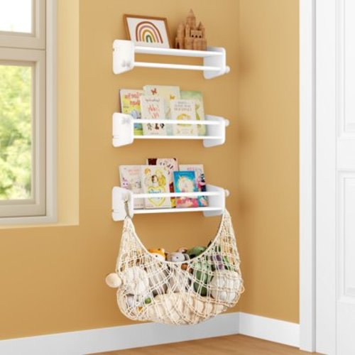 Joqixon Nursery Floating Book Shelves for Wall: Wood Kid's Bookshelves with Plush Toy Storage Net for Organizer and Decor, 4-Pack (3+1)