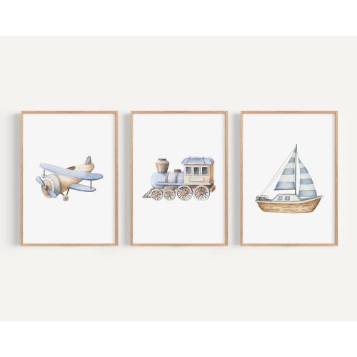 Plane Train Boat Blue art print set Boy plane and train Printed Watercolor print set high archival paper Set of 3 BWT6-A3