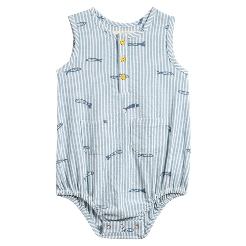 Sardine Embroidery Organic Cotton Seersucker Romper, 6-12M