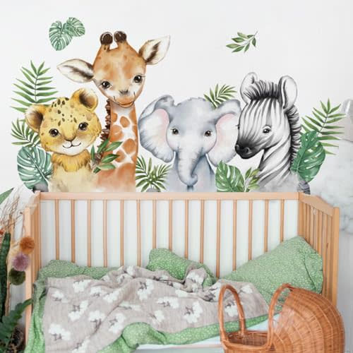 52.51x23.62 Inch Watercolor Jungle Animal Wall Decals Safari Forest Animal Wall Sticker Elephant Lion Monkey Wall Decals for Baby Nursery Playroom Bedroom Classroom Kindergarten Wall Decor