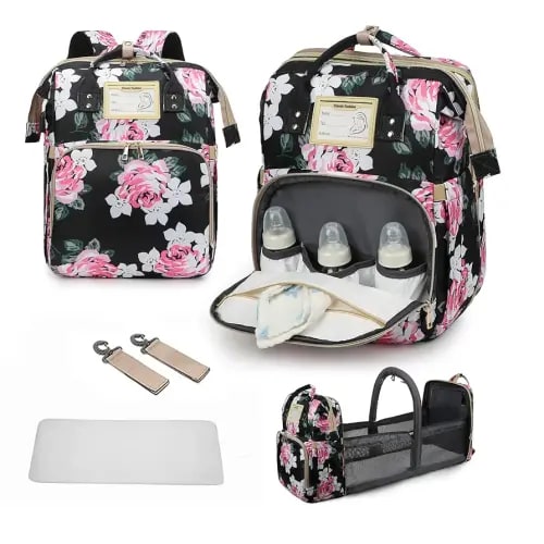 Diaper Bag Backpack Waterproof Baby Bag Large Capacity Multifunction Nappy Bags Floral Insulated Durable Travel Maternity Back Pack with Changing Station for Baby (Black)