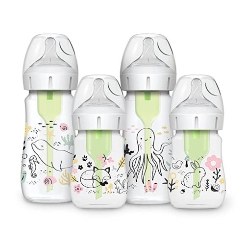 Dr. Brown’s Natural Flow® Anti-Colic Options+™ Wide-Neck Baby Bottle Designer Edition Bottles, Ocean and Woodland Design, 9 oz and 5oz, Level 1 Nipple, 4-Pack, 0m+ - 4 Pack, 9 oz & 5 oz, Ocean & Woodland