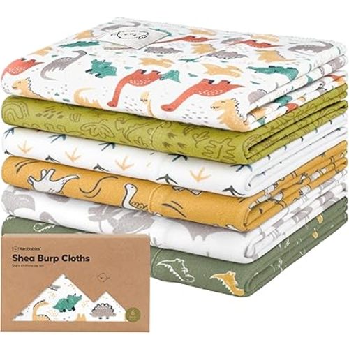 Organic Burp Cloths Baby Boy, Girl - 6-Pack Large Cotton Burping Cloths for Babies, Spit Up Rags, Super Absorbent, Ultra Soft Newborn Cloth Rag, Gender Neutral, Machine Washable, Durable (Mesozoic)