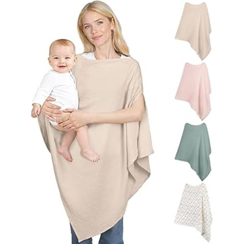 Muslin Nursing Cover Up for Breastfeeding, Soft & Breathable Cotton Breast Feeding Cover for Women, Full Privacy Breastfeeding Cover - Newborn Baby Essential, Light Brown