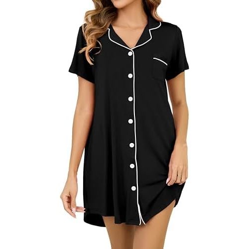 Nightgowns for Women Short Sleeve Button Down Nightshirt Soft Sleepshirt Boyfriend Pajama Dress