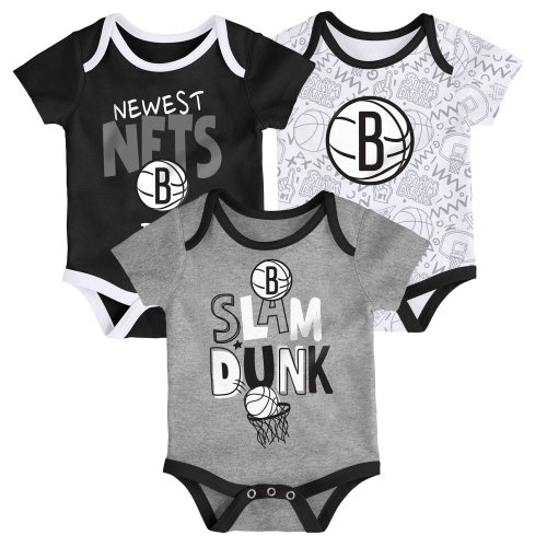 Infant Brooklyn Nets Black/White/Gray Slam Dunk 3-Piece Bodysuit Set