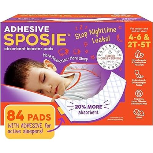 Sposie Diaper Booster Pads with Adhesive for Active Sleepers, Stop Overnight Diaper Leaks, Reduce Nighttime Diaper Changes, for Diaper Sizes 4, 5, 6, 2T-5T, 84 ct.