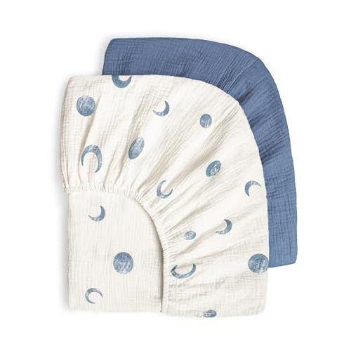 Bearmoss Muslin Crib Sheets 100% Cotton Baby Crib Sheets Fitted for Standard Crib Mattress & Toddler Bed Mattress 52"x28" Soft Breathable Crib Sheets Neutral for Boys Girls - 2 Pack (Blue Crescent)