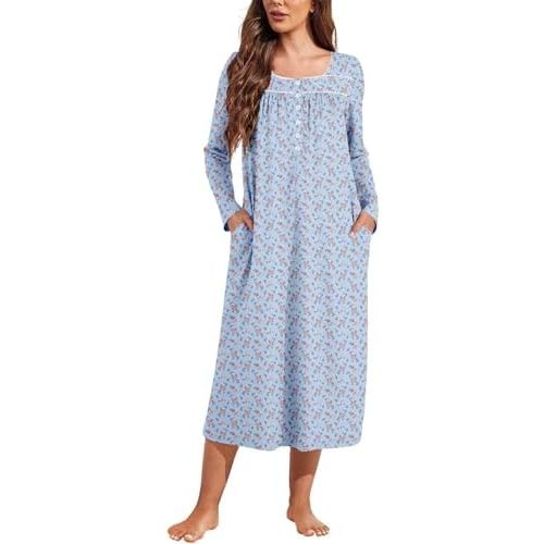 Ekouaer Womens Long Sleeve Nightgowns Long Sleep Shirts Henley Night Shirts Full Length Nightgown