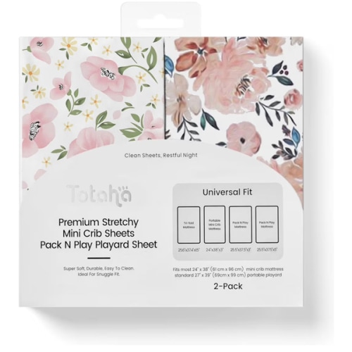 Graco Pack and Play Sheets Fitted, TotAha Buttery Soft Mini Crib Sheets Girl, Floral Pack N Play Mattress Sheets Hypoallergenic, Premium Jersey Playrad Sheets, Meredith Allover & Pale Pink, 2 Pack