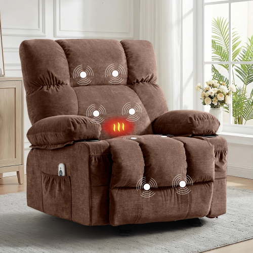 JMYMRY Rocker Recliner Chair with Vibration Massage and Heating, Cup Holders and Side Pockets, Adjustable Lounge Chair for Living Room, Brown