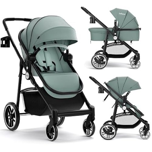 INFANS 2 in 1 Baby Stroller, High Landscape Infant Stroller & Reversible Bassinet Pram, Foldable Pushchair with Adjustable Canopy, Cup Holder, Storage Basket, Suspension Wheels (Green)